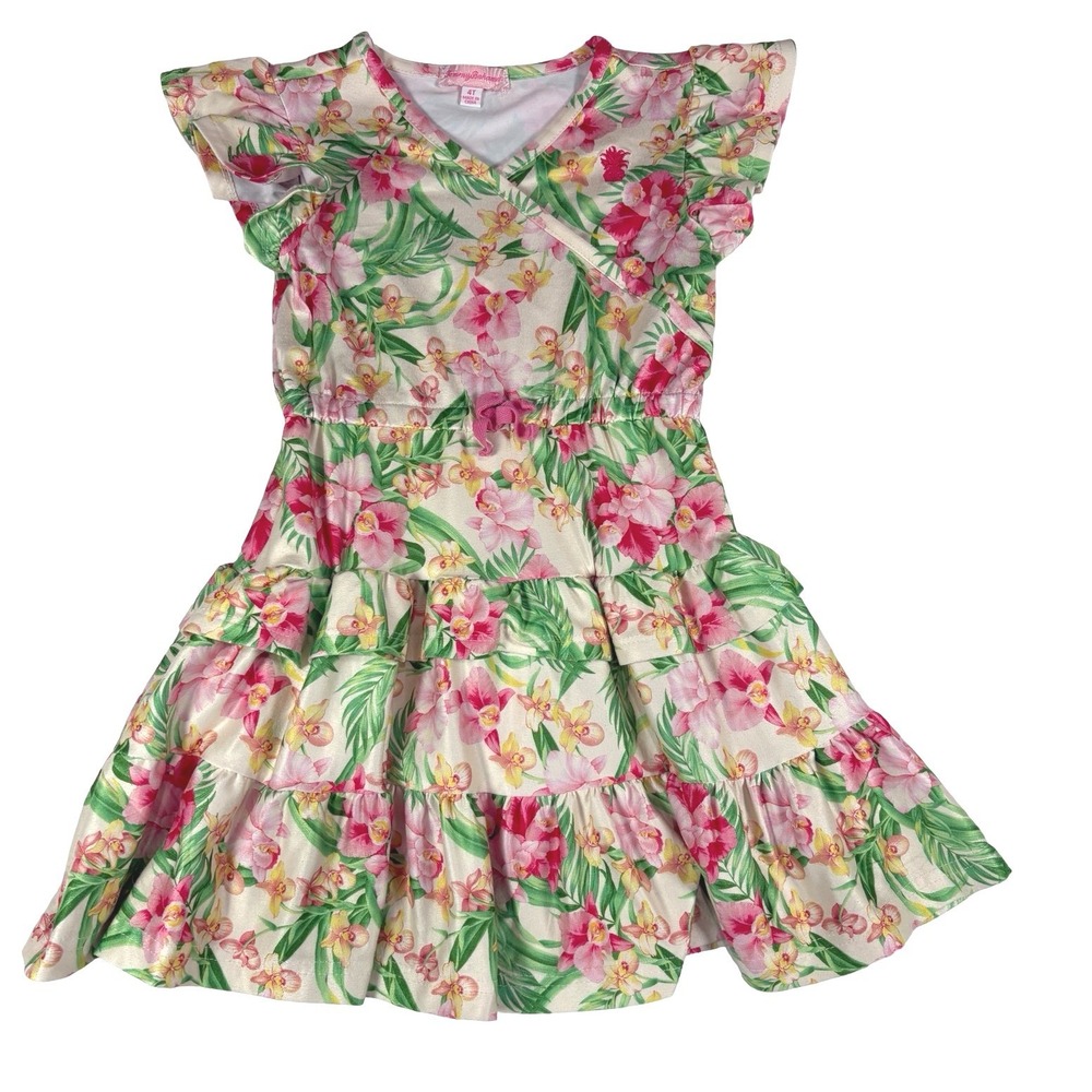 Tommy Bahama Girls 4T Tropical Orchid Floral Tiered Ruffle Faux Wrap Dress Pink